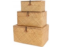 FEILANDUO Shelf Baskets with Lids Set of 3 for Home Decor Seagrass Storage Baskets Wicker Rattan Woven Rectangular Organizer Boxes Large S M L Original - BX51JD48T