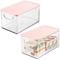 mDesign Plastic Stackable Bathroom Under Cabinet Storage Organizer Bin Box with Lid Organizer for Soap Body Wash Shampoo Lotion Conditioner Towels Accessories Body Spray 2 Pack Clear Pink - BQVG65GH3