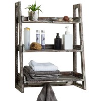 MyGift 3-Tier Bathroom Shelf Torched Wood Wall-Mounted Cascading Ladder Shelves with 3 Peg Hooks - BED2ALY46