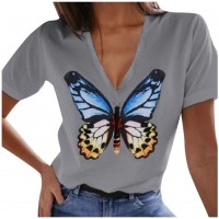 Casual V-Neck Bell 75 Women's Loose Butterfly Print Tops T-Shirt high Racerback Sparkly See Through Juniors Girls' tees Low Cut Thermal Adults Couples Flowy - BX2IET2MH