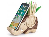 Pen Pencil Holder with Phone Stand Coolbros Resin elephant Shaped Pen Container Cell Phone Stand Carving Brush Scissor Holder Desk Organizer Decoration for Office Desk Home Decorative Retro Brown - B4G9XKRDY