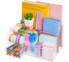 Vitviti Acrylic Desk Organizer Clear Pencil Organizer for Desk Multifunctional Desktop Stationary Pen Organizer 8 Compartment Storage with Drawer for Office A4 Paper Art Supply - B6W41RAD5
