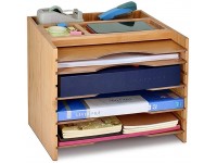 Wokyy Bamboo File Organizer Desktop Paper Sorter Wood Letter Trays Mail Organizer with 5 Dividers & Top Storage Compartments - BALDND8RT